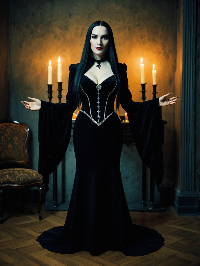 Morticia Addams Costume Woman Gothic Cosplay Elegant Black Dress