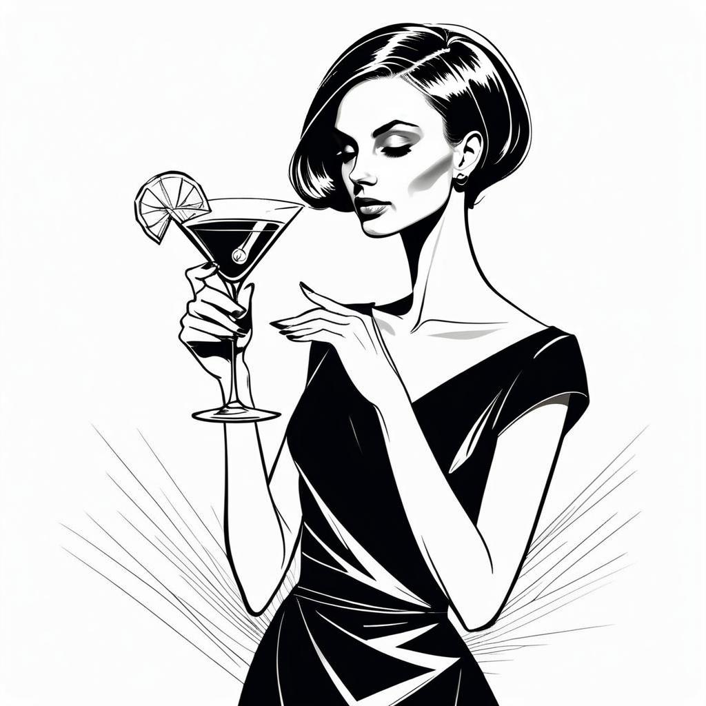 Stylish Woman in Black Dress Holding Cocktail Glass Black and White Pop Art