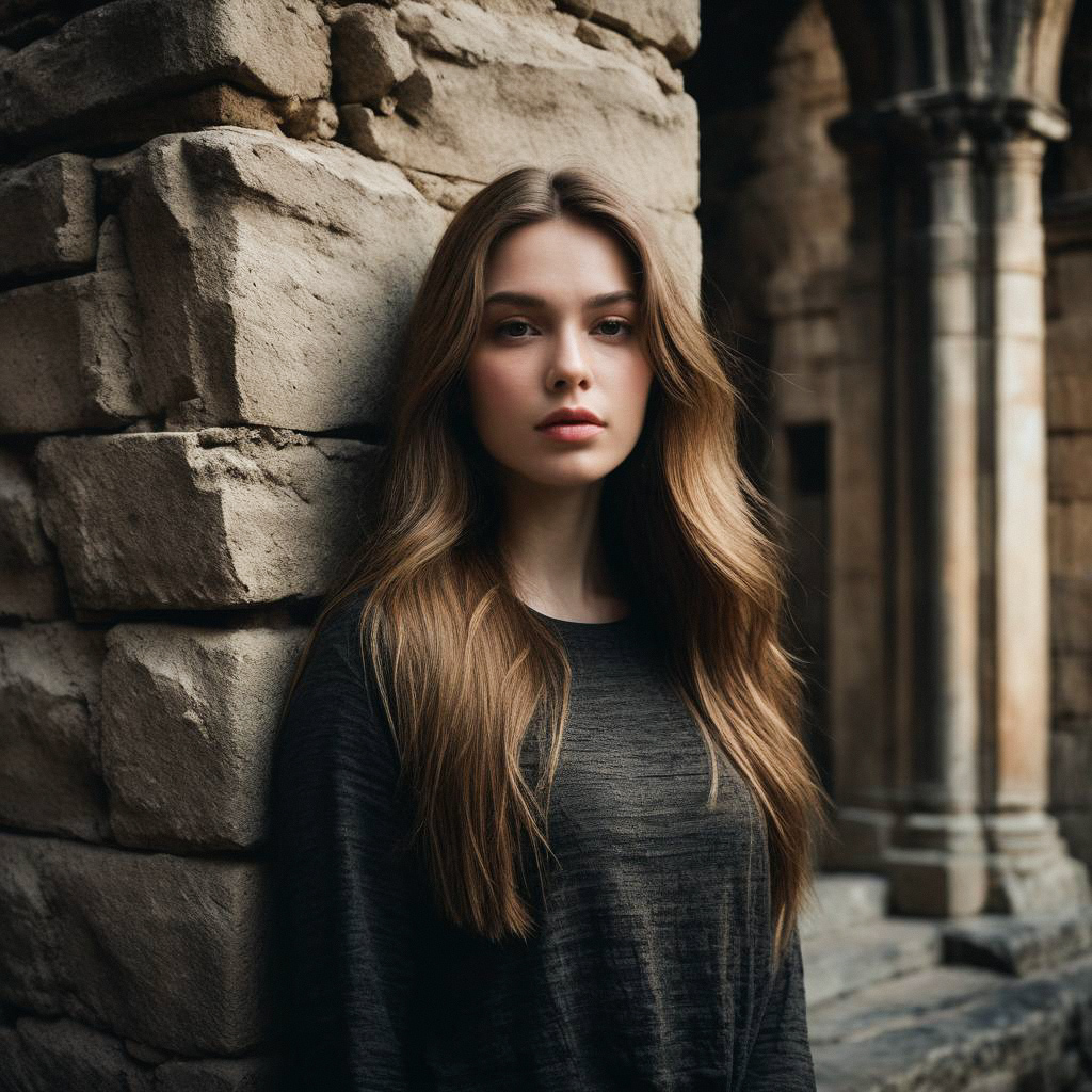 Young woman by ancient stone wall