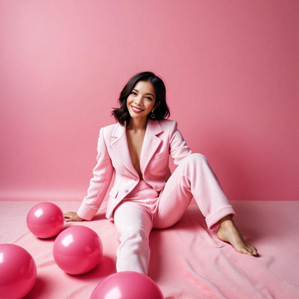 Cheerful Woman in Pink Suit with Balloons