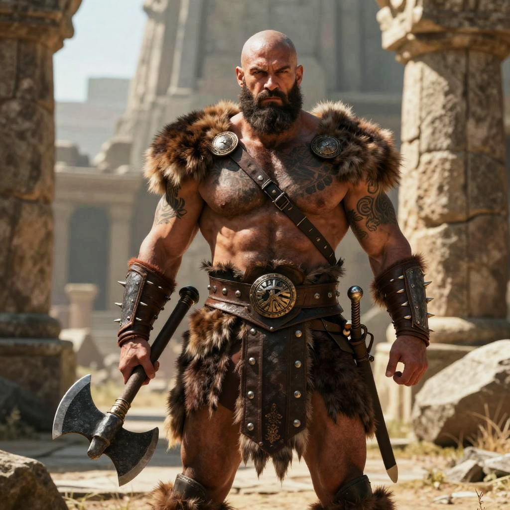 Muscled Barbarian Warrior with Axe in Ancient Ruins