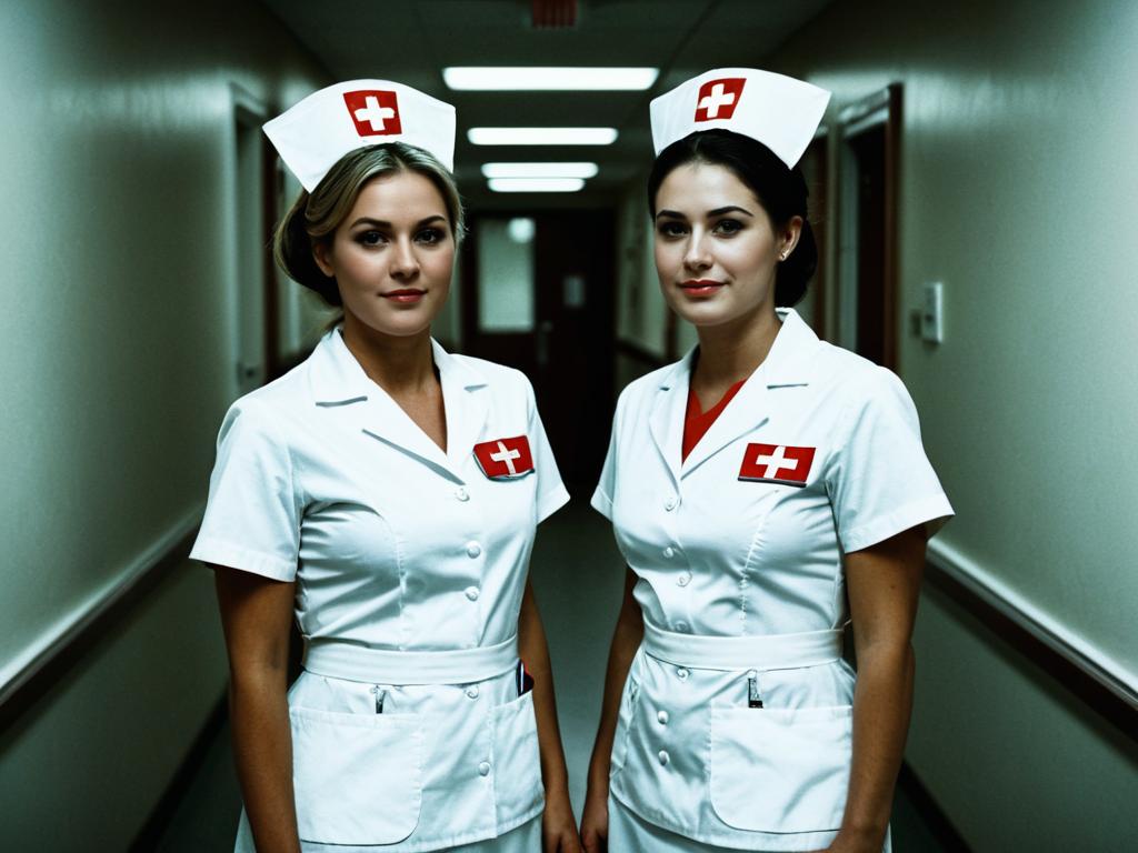Women in Classic Nurse Uniforms Standing in Hospital Hallway