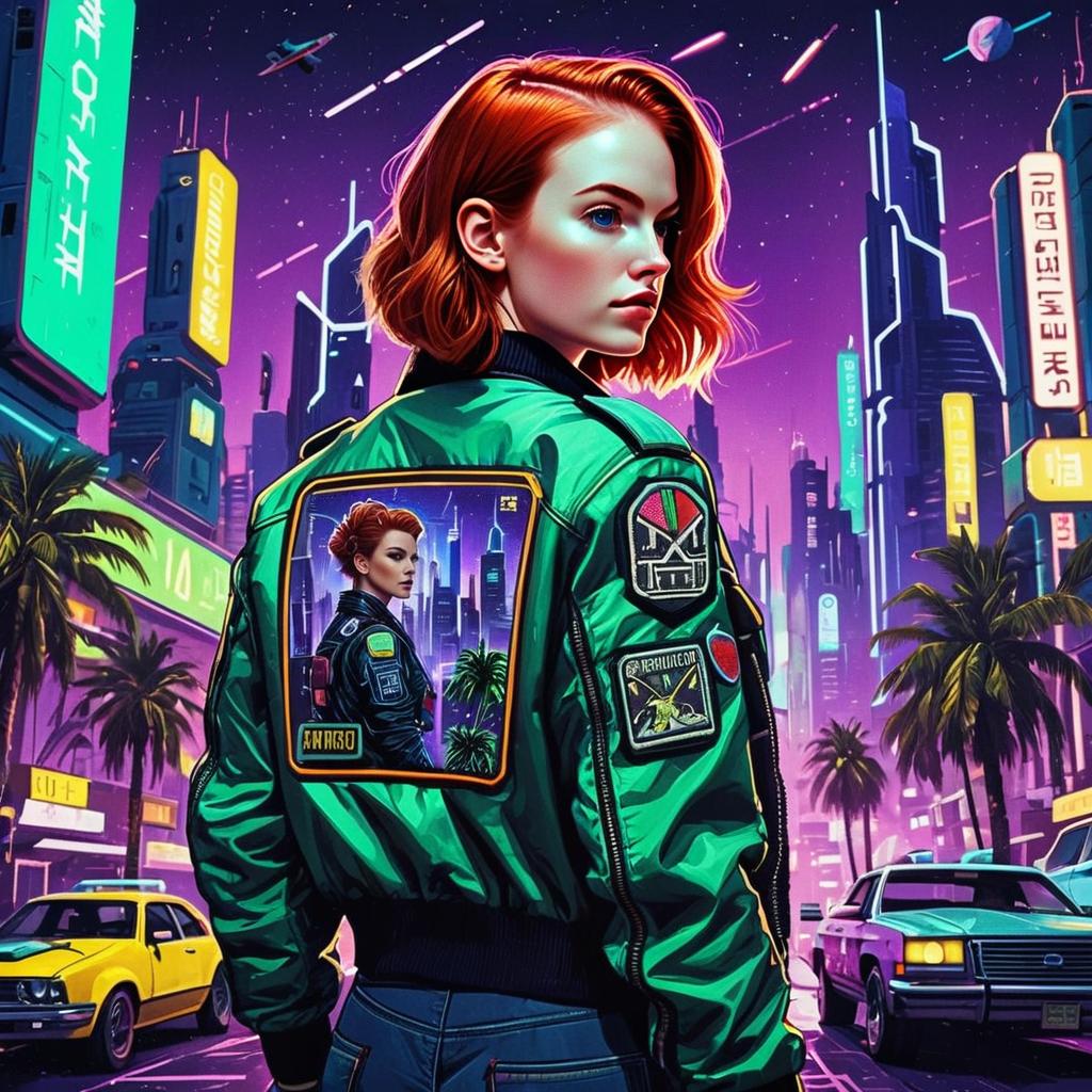 Cyberpunk Woman in Neon Futuristic Cityscape with Green Bomber Jacket