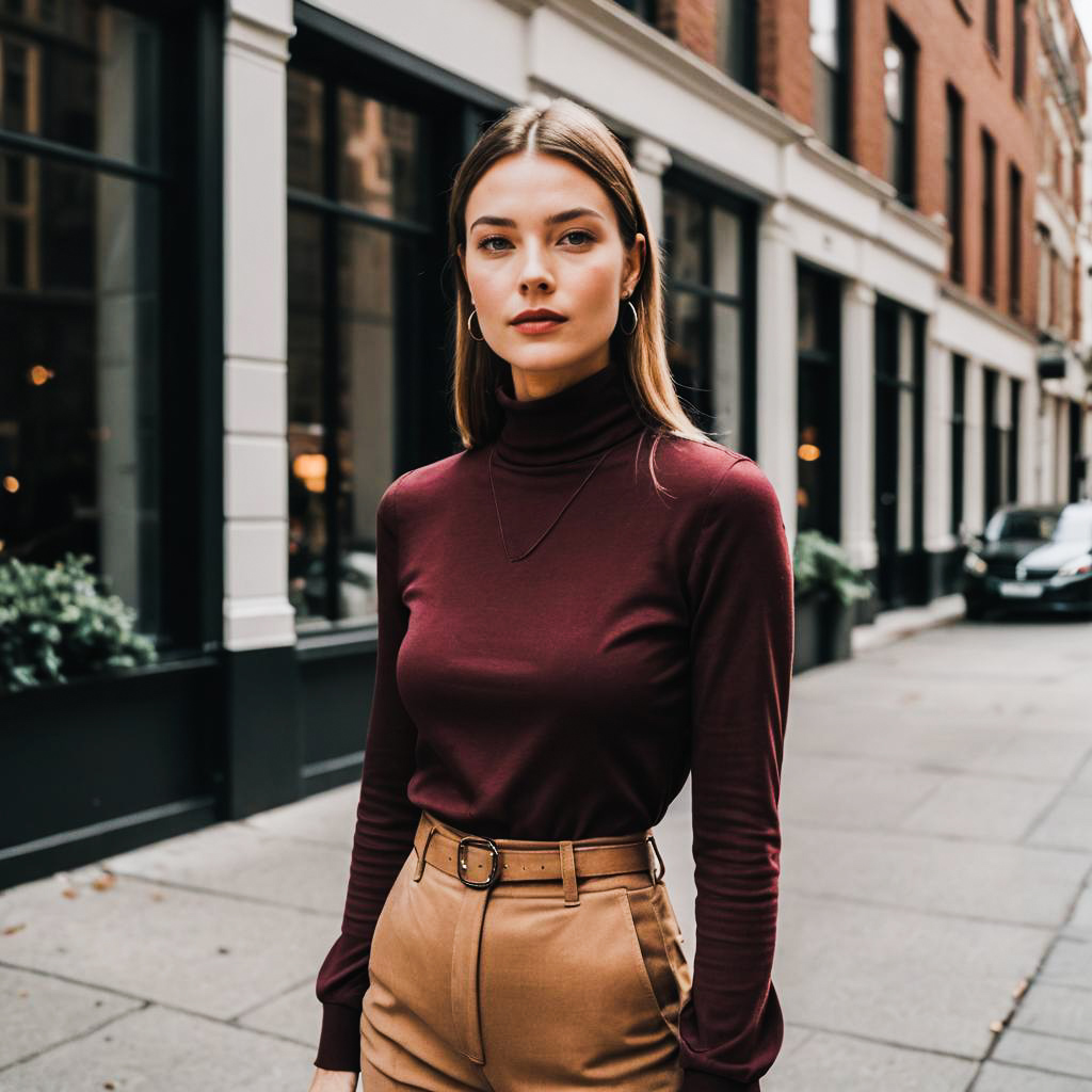 Stylish Woman in Maroon Turtleneck on City Sidewalk