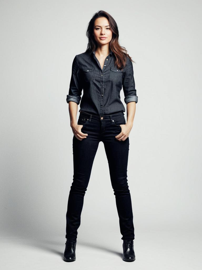 Woman in Black Denim Shirt and Jeans Outfit Photorealistic Studio Portrait