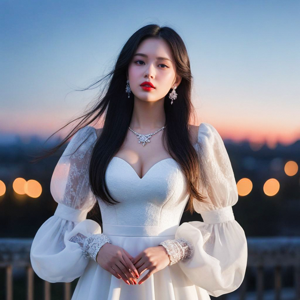 Elegant Woman in White Dress at Twilight