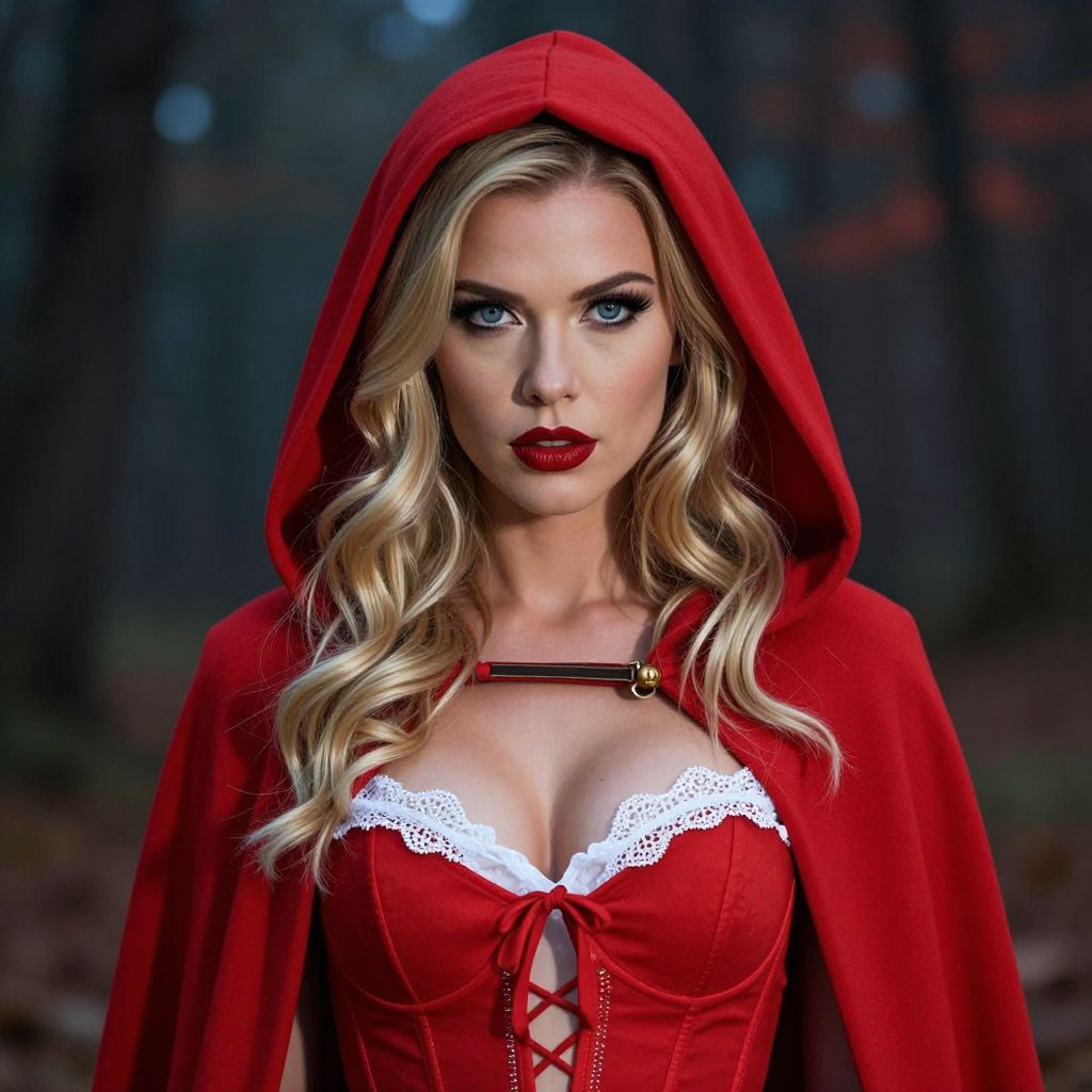 Woman in Red Hooded Cape and Corset Inspired by Little Red Riding Hood