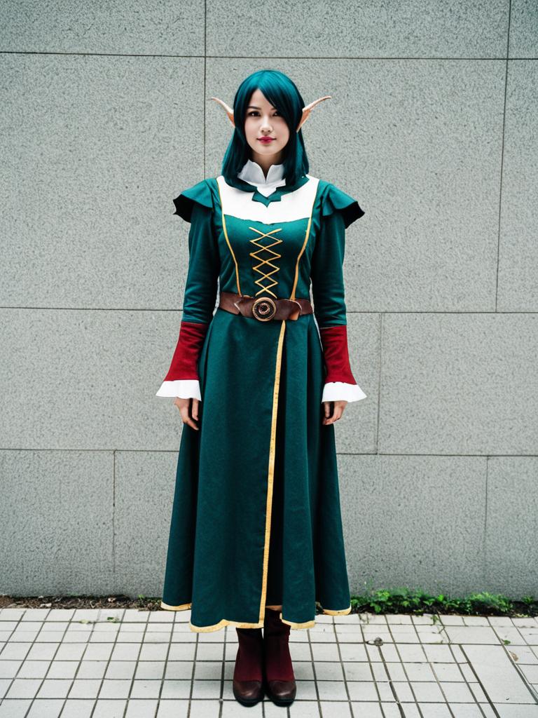 Fantasy Elf Woman Cosplay in Green and Red Dress with Pointed Ears