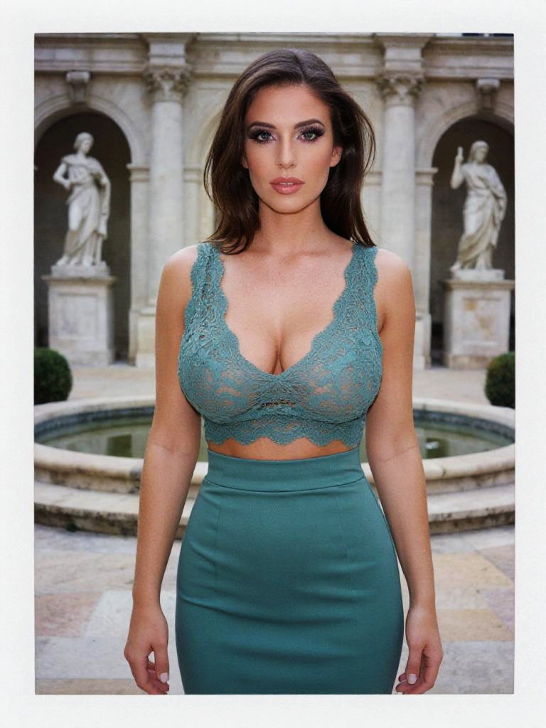 Toned Woman in Teal Lace Crop Top and High Waist Pencil Skirt