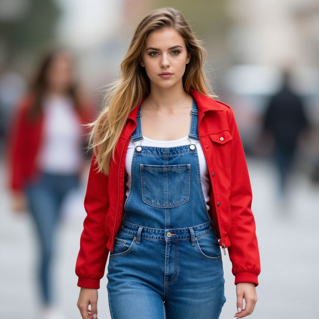 Young Woman in Red Jacket and Denim Overalls Walking Outdoors