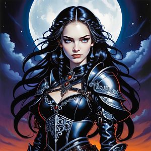 Woman in Intricate Armor Under a Dramatic Moonlit Sky