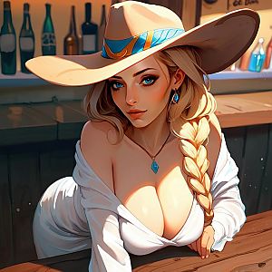 Young Woman with Blue Eyes and Blonde Braid in Wide-Brimmed Hat