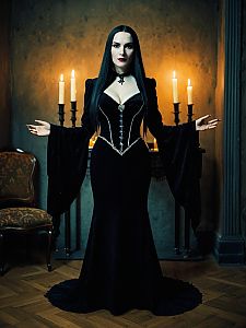 Morticia Addams Costume Woman Gothic Cosplay Elegant Black Dress
