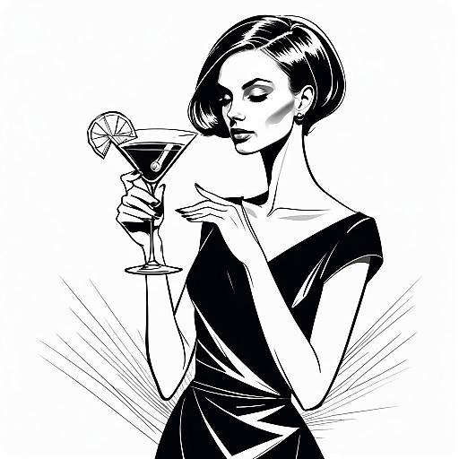 Stylish Woman in Black Dress Holding Cocktail Glass Black and White Pop Art