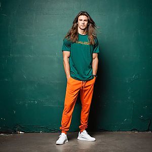 Young Man in Teal T-Shirt and Orange Joggers