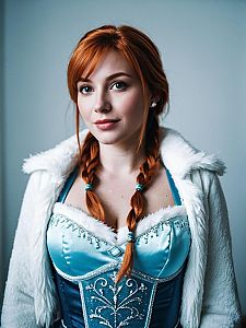 Woman in Modern Anna Frozen Costume with Braided Red Hair