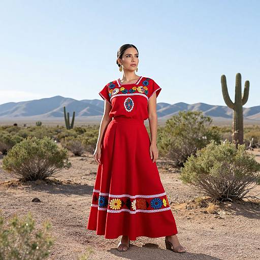 Woman Wearing Traditional Mexican Embroidered Dress in Desert