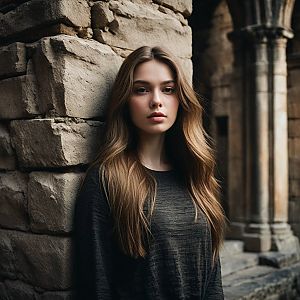 Young woman by ancient stone wall