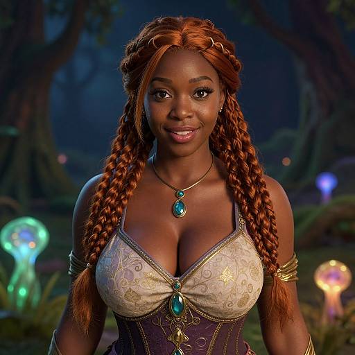 Woman in Braided Hair and Medieval Fantasy Dress with Magical Forest Background