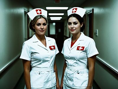 Women in Classic Nurse Uniforms Standing in Hospital Hallway