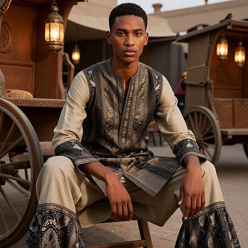 Young Man in Traditional Embroidered Attire with Rustic Background