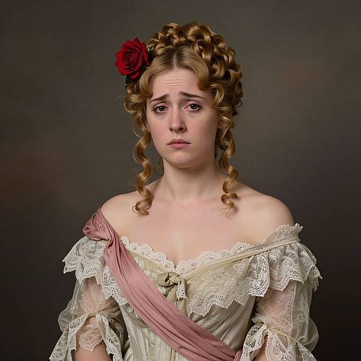 Victorian Woman in Elegant Lace Gown with Red Rose Hair Accessory