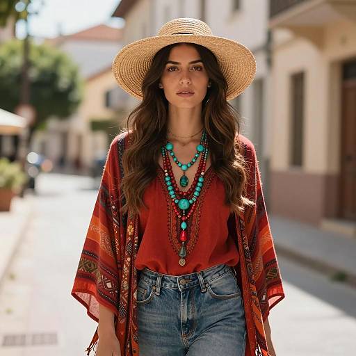 Bohemian Style Woman Wearing Straw Hat and Layered Necklaces in Street