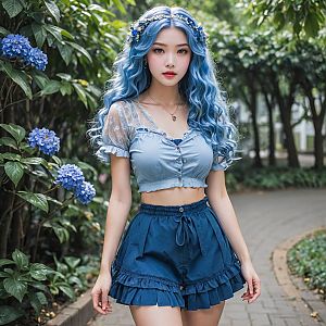 Young Woman with Blue Hair in Garden