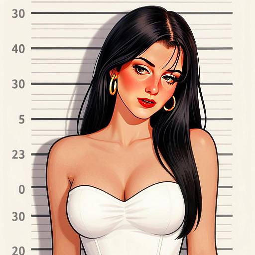 Stylish Woman in White Strapless Top Against Height Chart Digital Illustration