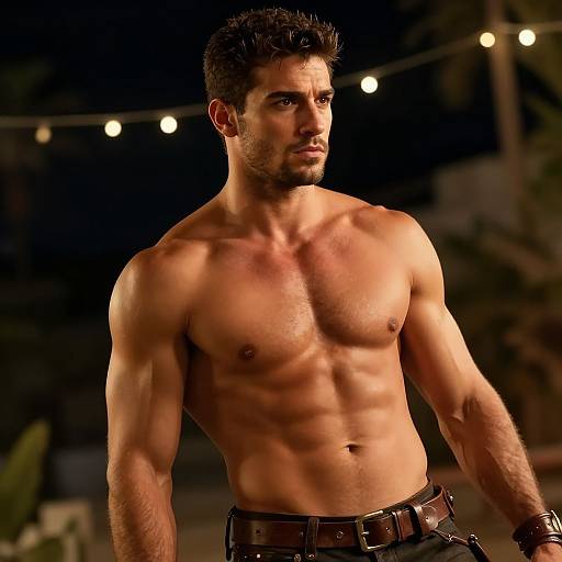 Shirtless Muscular Man with Intense Gaze at Nighttime