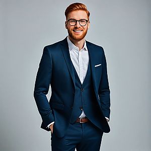 Confident young man in navy suit with glasses
