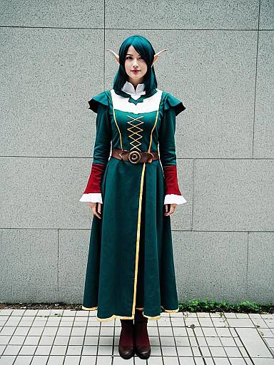 Fantasy Elf Woman Cosplay in Green and Red Dress with Pointed Ears