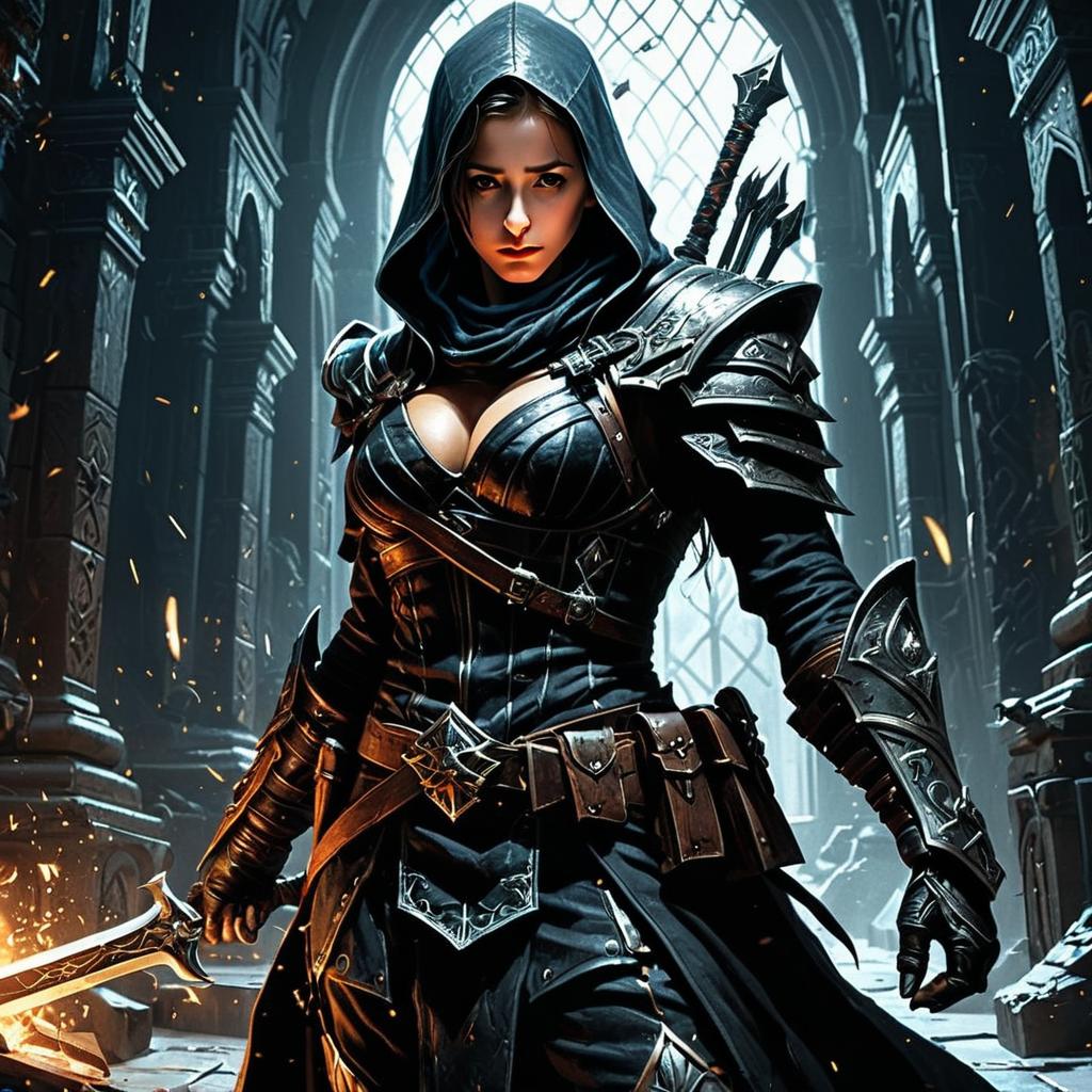 Fierce Female Warrior in Gothic Armor with Sword and Hood