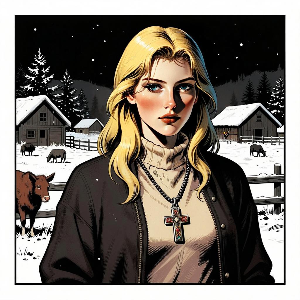 Blonde Woman in Winter Rural Landscape Digital Illustration