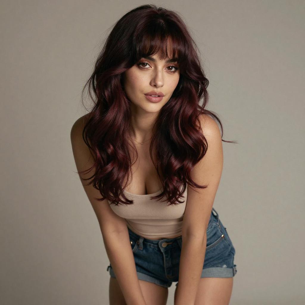 Gen Z Woman With Burgundy Wavy Hair in Casual Outfit