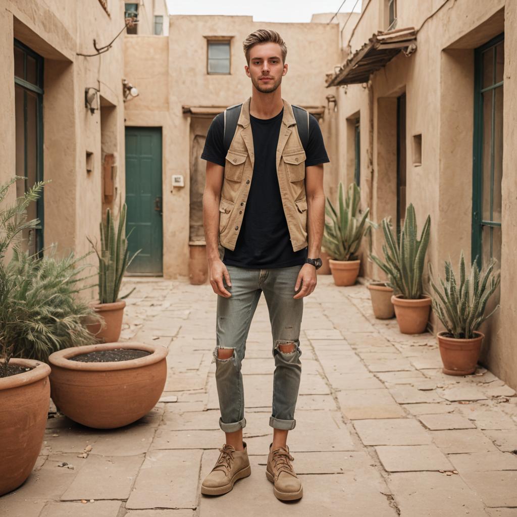 Stylish man in sunlit courtyard with potted plants