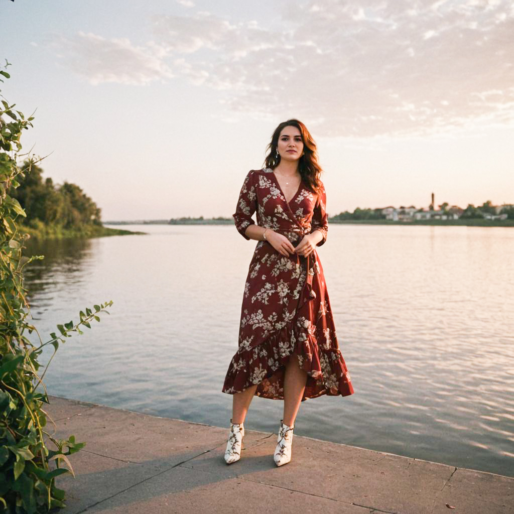 Woman in Red Floral Dress by Sunset Water's Edge