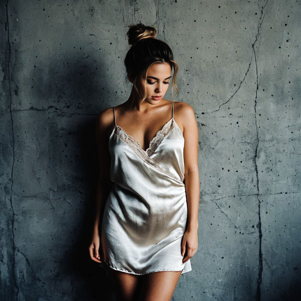 Young Woman in Satin Slip Dress Against Concrete Wall
