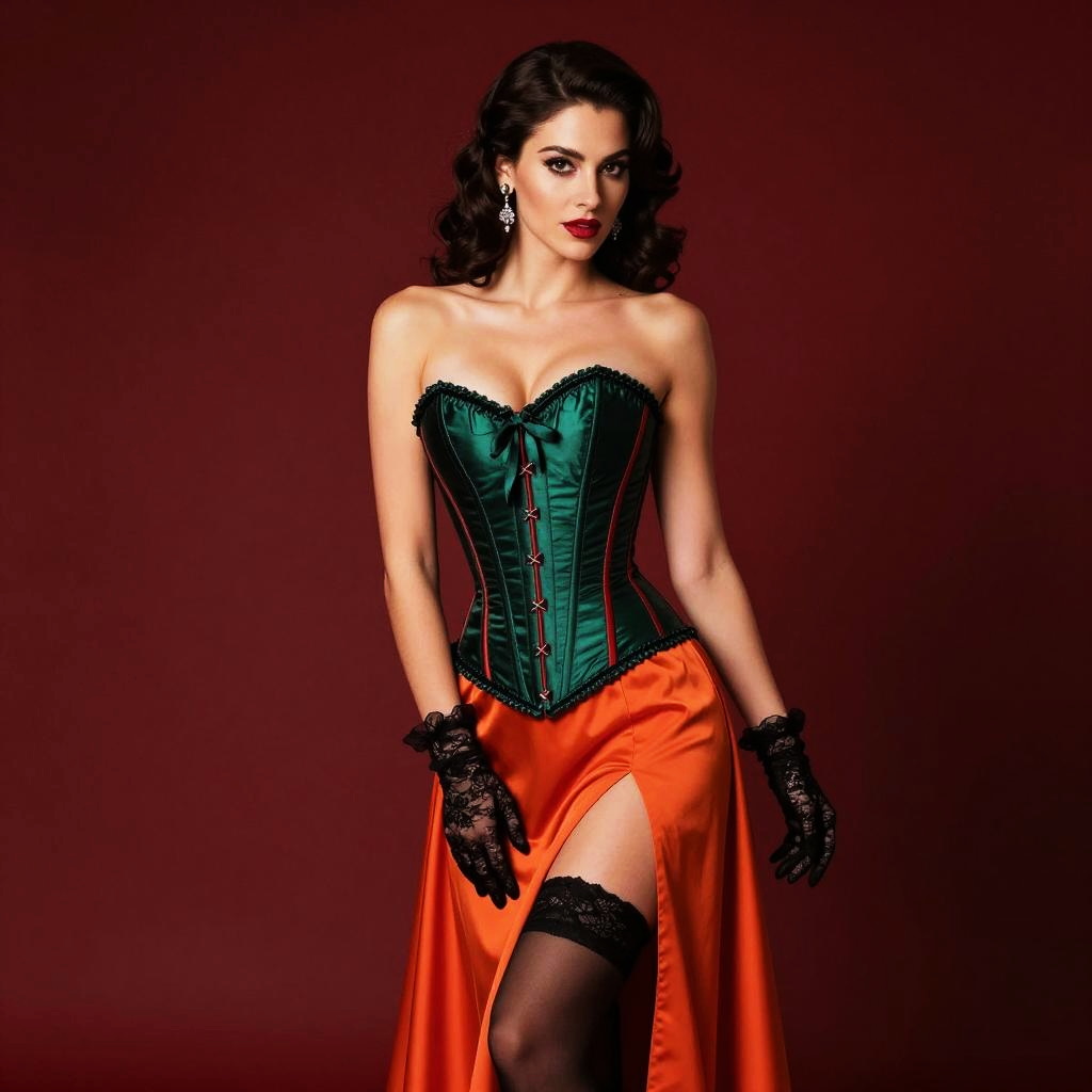 Vintage Pin-Up Woman in Green Satin Corset and Orange Skirt