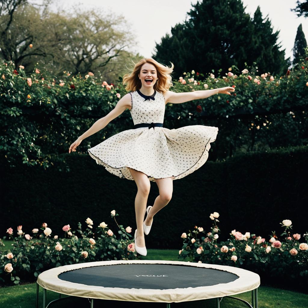 Joyful Woman Jumping on Trampoline in Vintage Dress in Rose Garden