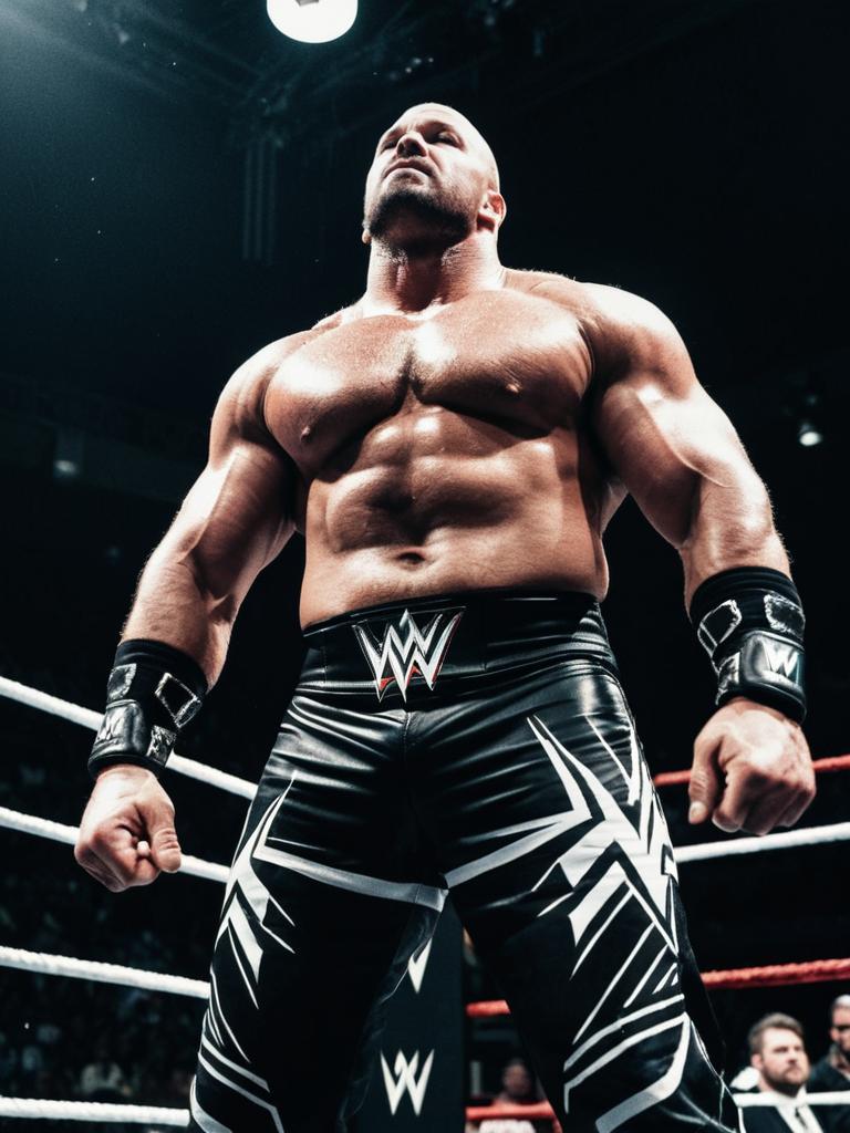Dramatic Low Angle WWE Fighter in Wrestling Costume with Cinematic Realism
