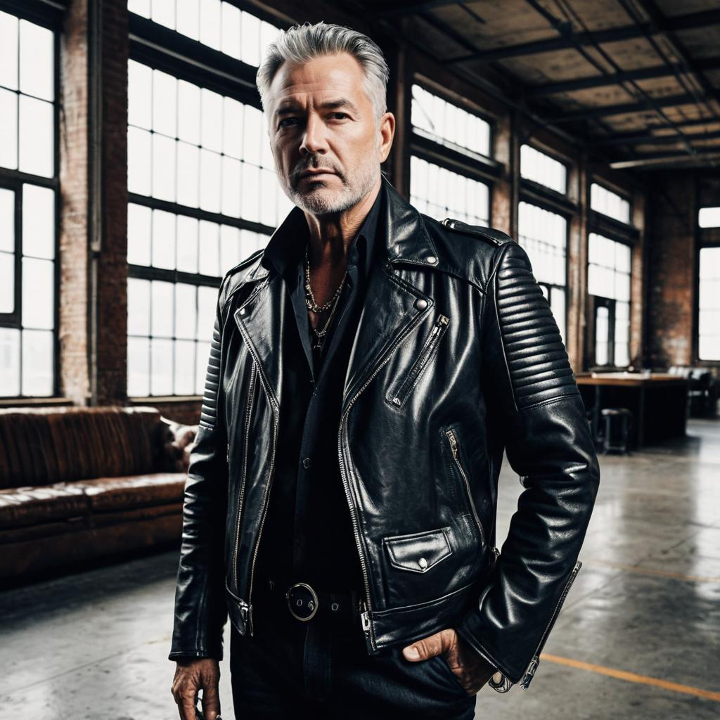 Stylish Middle-Aged Man Wearing Black Leather Jacket in Industrial Loft