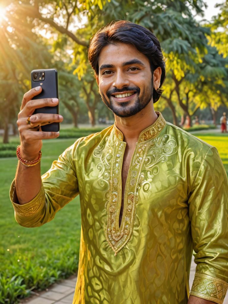 Cheerful Indian Man in Traditional Attire Taking a Selfie