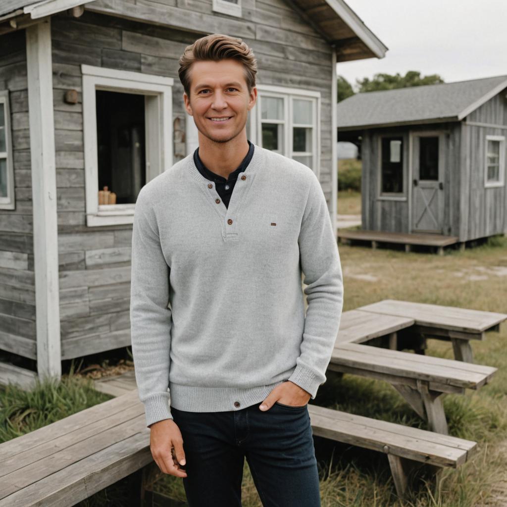 Confident Man Smiling by Rustic Cabin