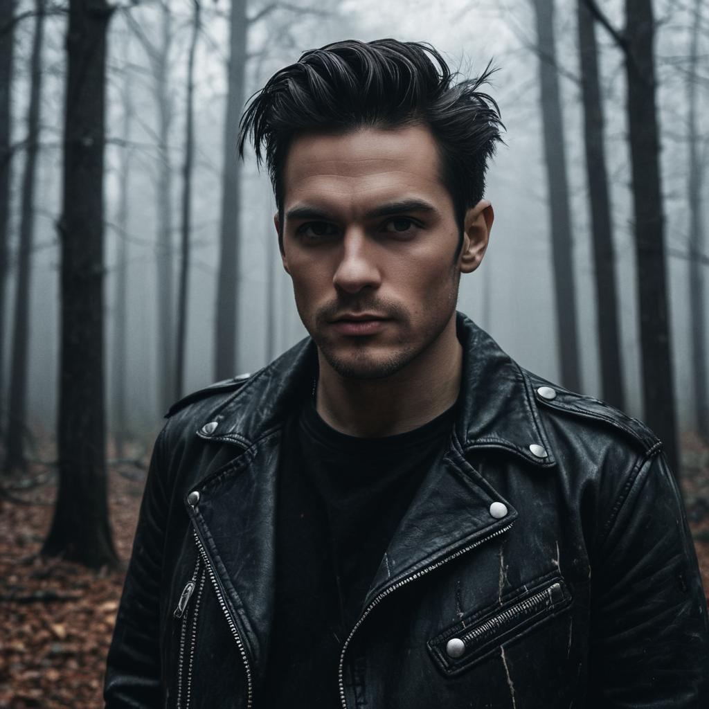 Young Man in Misty Forest with Leather Jacket