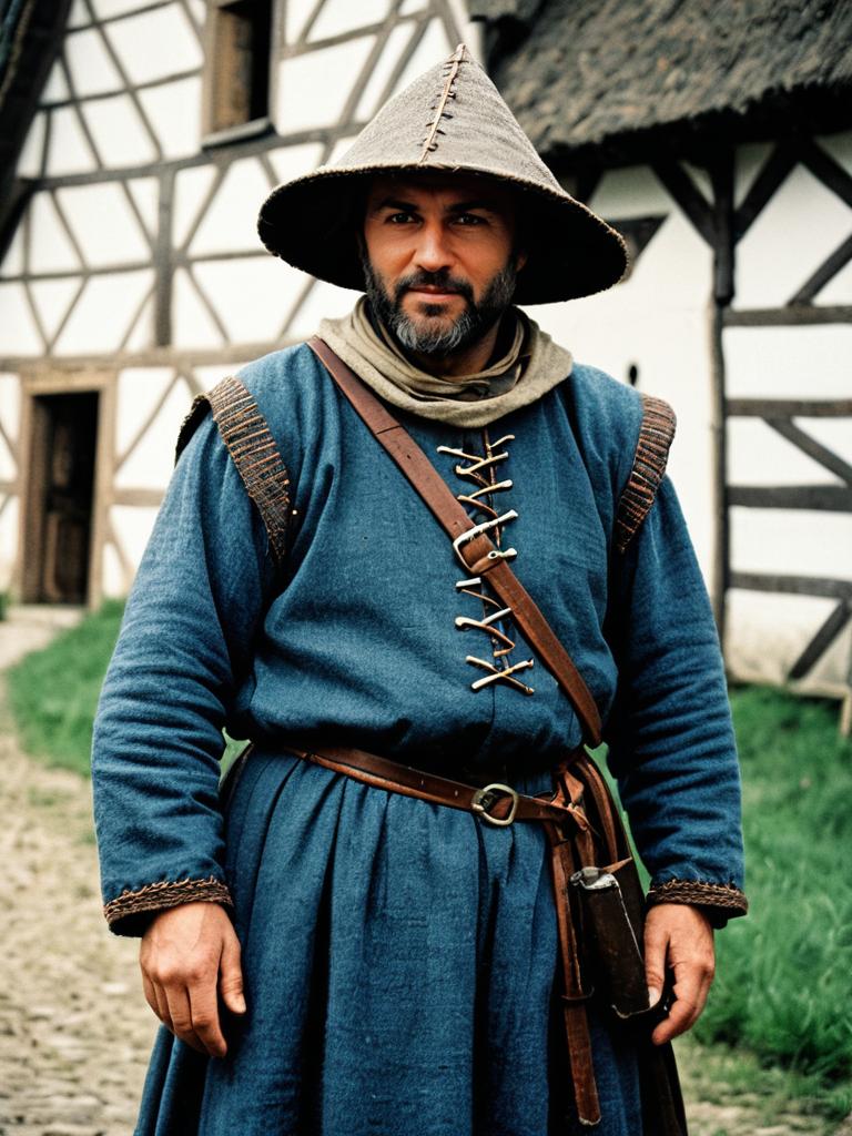 Medieval Peasant Costume Man in Blue Tunic with Hat