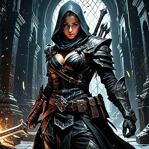 Fierce Female Warrior in Gothic Armor with Sword and Hood