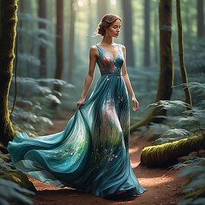 Woman in Teal Gown in Misty Forest