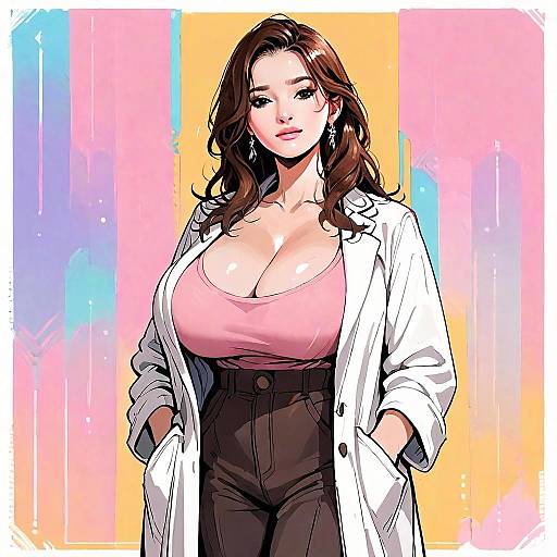 Confident Woman in Lab Coat Anime Style Digital Artwork