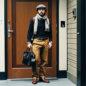 Confident man in smart-casual outfit by modern wooden door